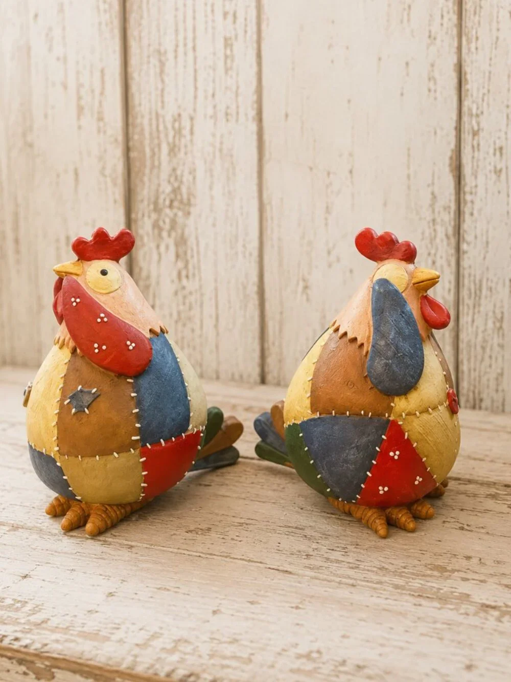 Set of 2 Vintage Roseluo Style Patchwork Primitive Rooster Collectible Figurines
